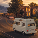 Ein weißer Campingbus fährt bei Sonnenuntergang auf einer Küstenstraße zwischen Bergen und Meer entlang