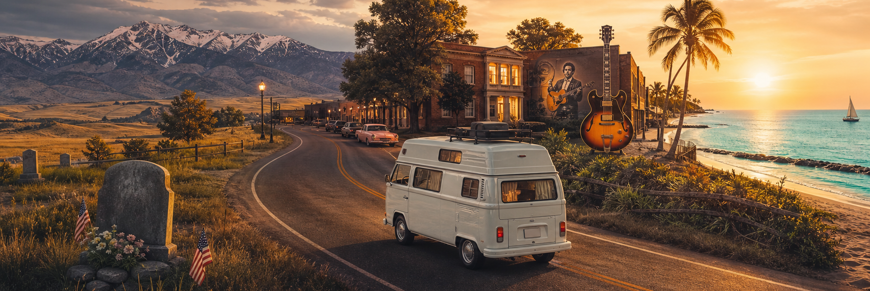 Ein weißer Campingbus fährt bei Sonnenuntergang auf einer Küstenstraße zwischen Bergen und Meer entlang