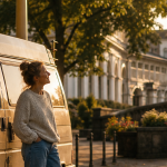 Frau lehnt an einem Campingvan in einer sonnigen Straße mit Elvis-Statue und Ampel im Hintergrund