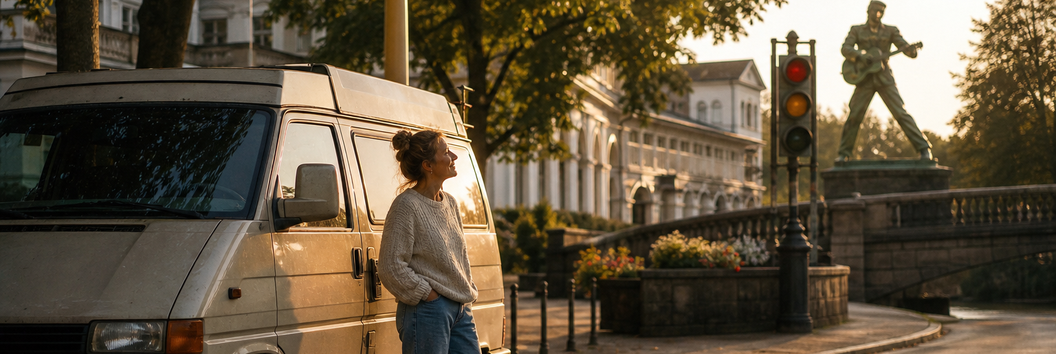 Frau lehnt an einem Campingvan in einer sonnigen Straße mit Elvis-Statue und Ampel im Hintergrund