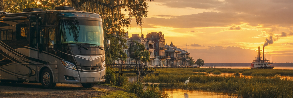 Wohnmobil am Flussufer bei Sonnenuntergang mit Alligator und Reiher