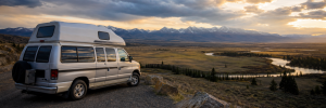Wohnmobil an einem Aussichtspunkt mit Blick auf ein weites Tal, einen Fluss und Berge bei Sonnenuntergang