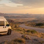 Wohnmobil an einer Küstenstraße bei Sonnenuntergang mit Blick auf Felsen und Meer