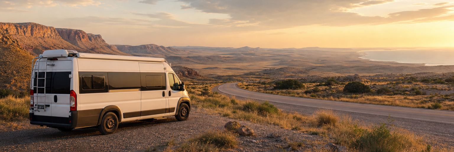 Wohnmobil an einer Küstenstraße bei Sonnenuntergang mit Blick auf Felsen und Meer