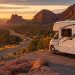 Wohnmobil an einer Wüstenstraße bei Sonnenuntergang mit Kakteen und roten Felsen