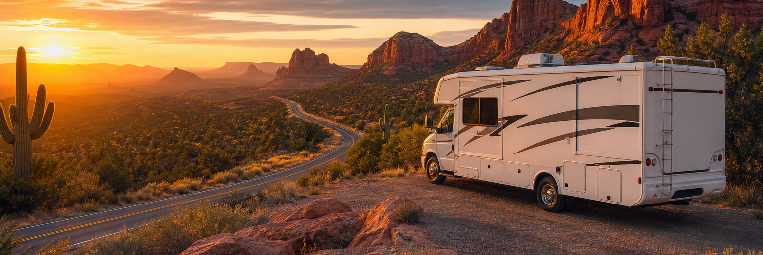 Wohnmobil an einer Wüstenstraße bei Sonnenuntergang mit Kakteen und roten Felsen