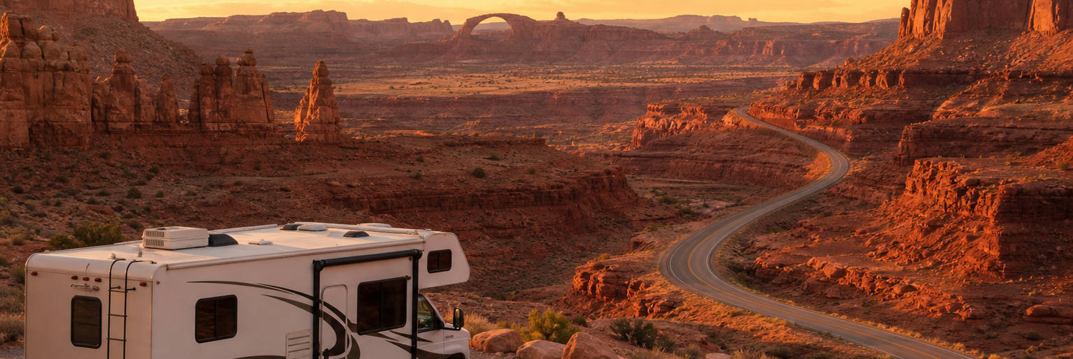 Wohnmobil auf einer kurvigen Straße in einer roten Wüstenlandschaft bei Sonnenuntergang
