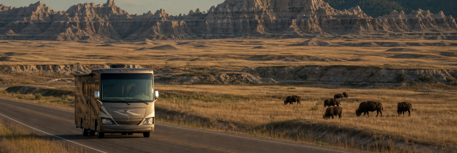 Wohnmobil auf einer Landstraße vor einer weiten Prärie mit grasenden Bisons und zerklüfteten Bergen