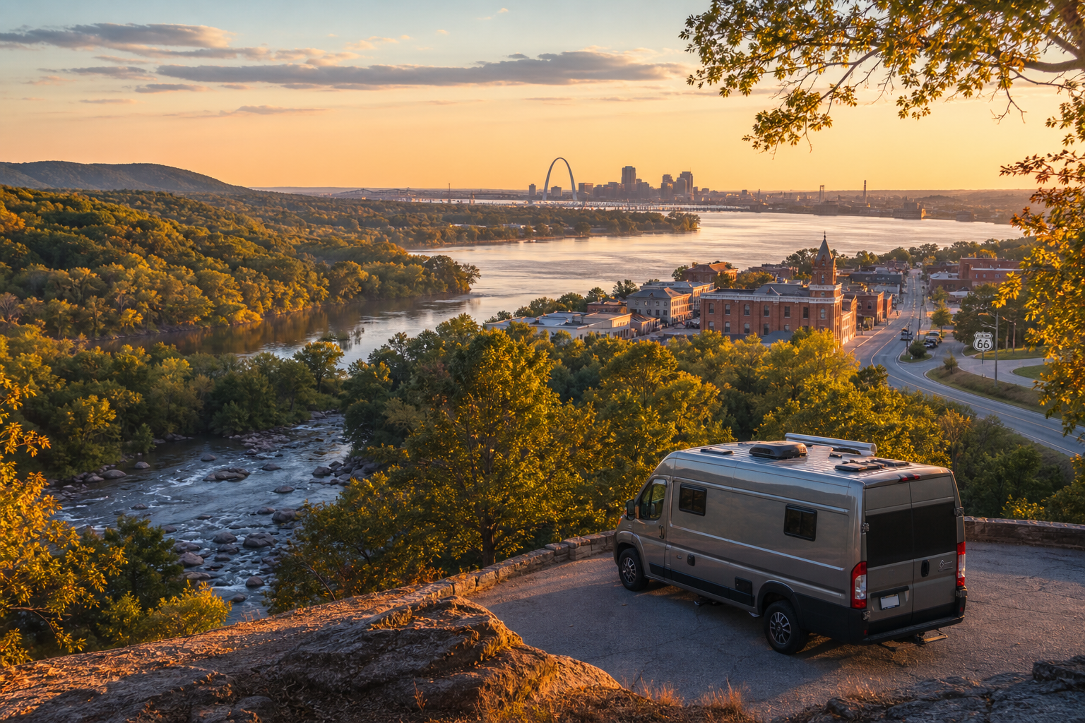 Blick auf den Mississippi bei Sonnenuntergang mit der Skyline von St. Louis und einem Wohnmobil im Vordergrund