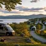Blick auf einen See, eine kurvige Landstraße und ein Dorf mit Kirchen im Abendlicht; im Vordergrund steht ein Campingvan