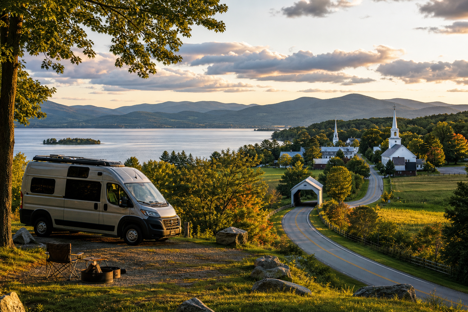 Blick auf einen See, eine kurvige Landstraße und ein Dorf mit Kirchen im Abendlicht; im Vordergrund steht ein Campingvan