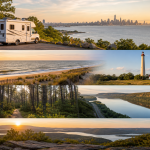 Collage aus fünf Landschaftsaufnahmen bei Sonnenuntergang: Wohnmobil mit Blick auf New York, Strand, Leuchtturm, Waldweg und Flusslandschaft