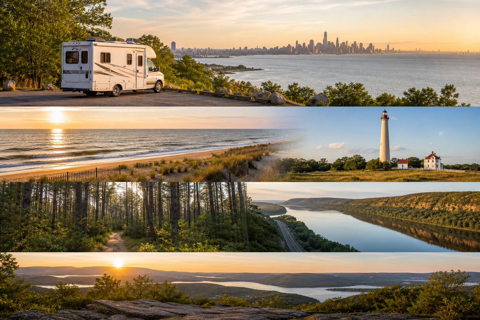 Collage aus fünf Landschaftsaufnahmen bei Sonnenuntergang: Wohnmobil mit Blick auf New York, Strand, Leuchtturm, Waldweg und Flusslandschaft