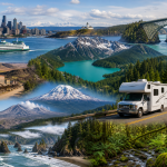 Collage aus Landschaften im Nordwesten der USA mit Seattle, Fähre, Brücke, Vulkanen, Küste, Wald und Wohnmobil