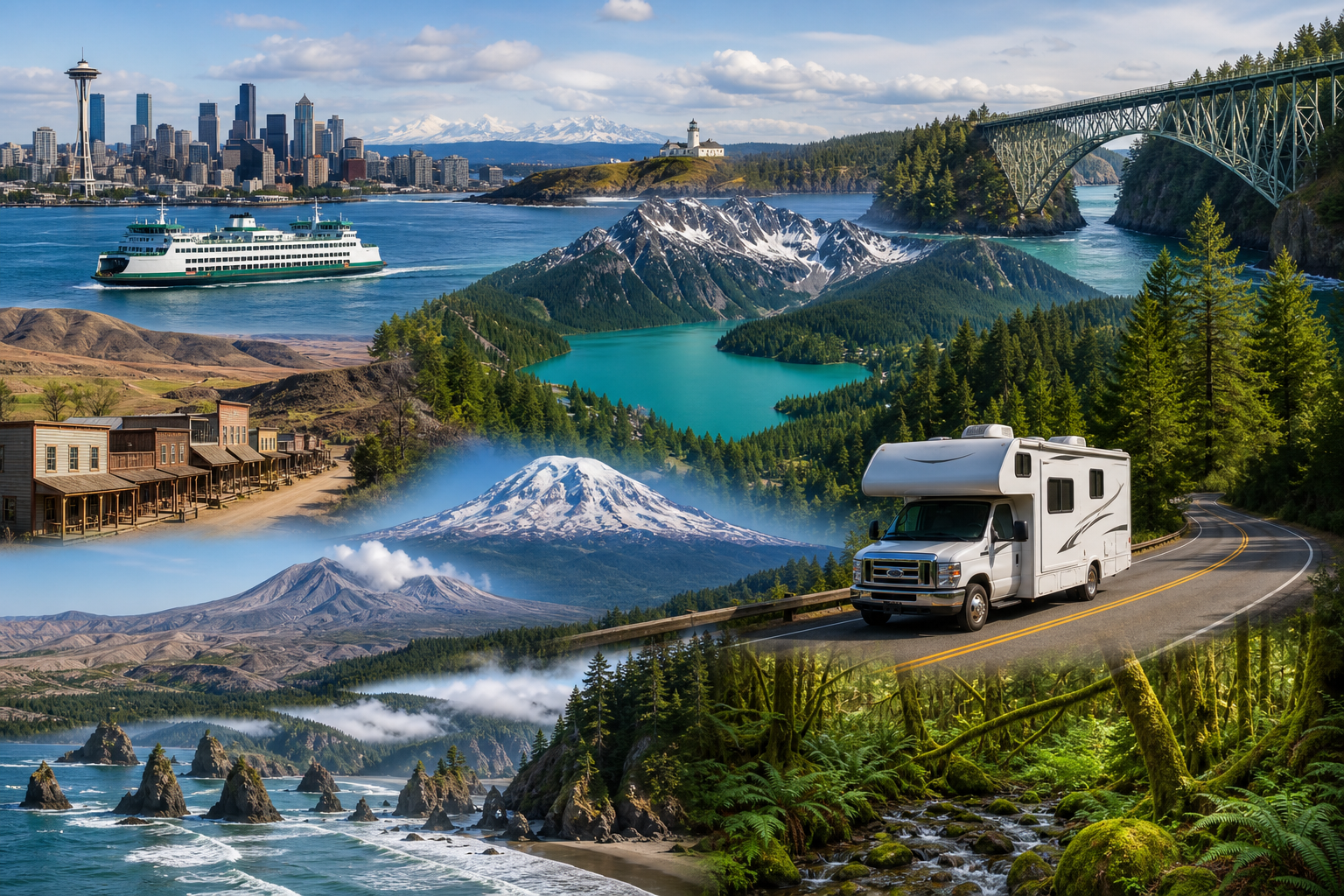 Collage aus Landschaften im Nordwesten der USA mit Seattle, Fähre, Brücke, Vulkanen, Küste, Wald und Wohnmobil