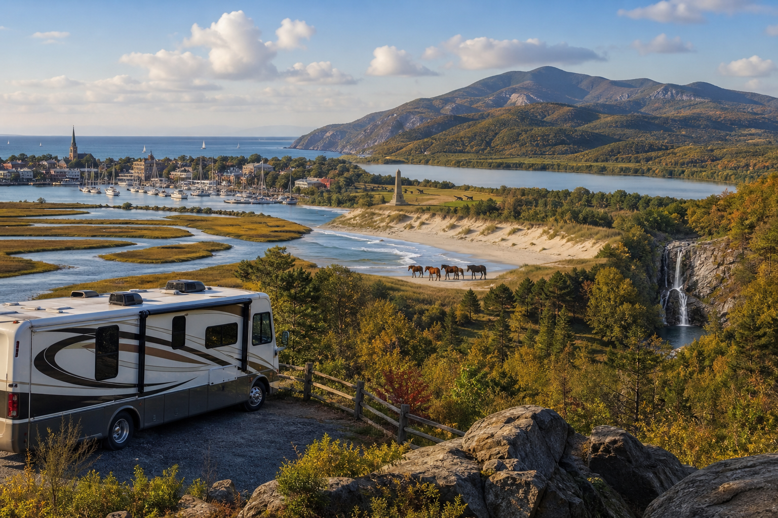 Panoramablick auf Küste, Hafen, Berge und Wasserfall; im Vordergrund steht ein Wohnmobil