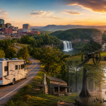 Reisemobil auf einer kurvigen Straße vor einer Landschaftscollage mit Stadt, Wasserfall, Wald und Sonnenuntergang