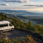 Weißer Campingbus an einer Bergstraße mit Blick über ein nebliges Tal und die Küste