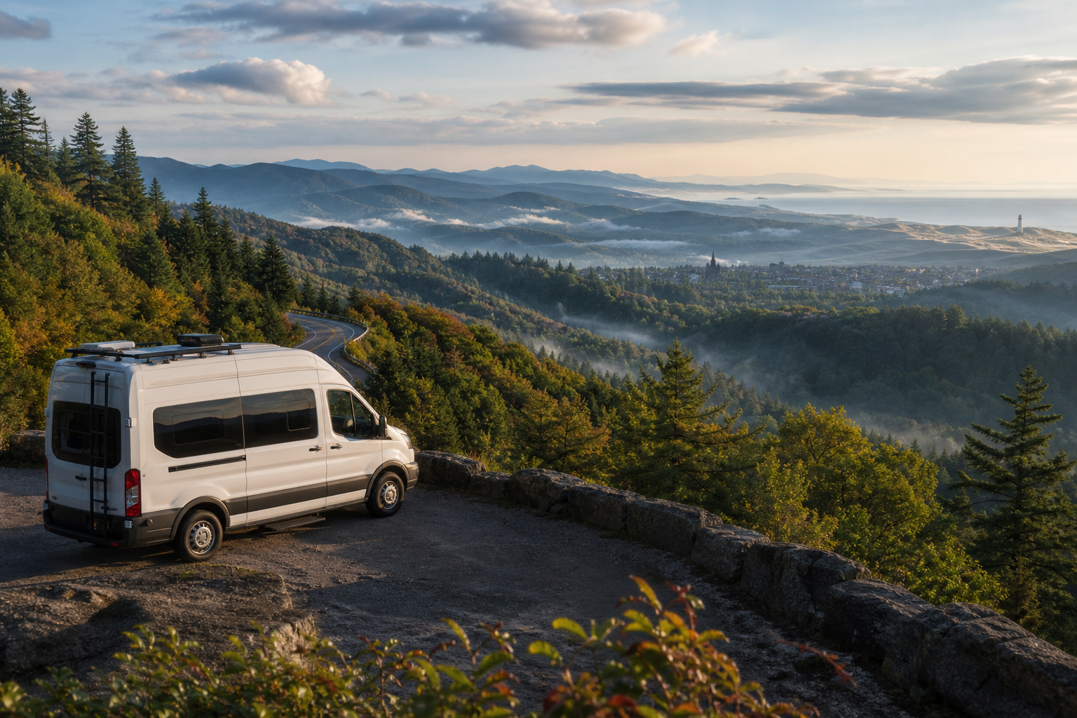 Weißer Campingbus an einer Bergstraße mit Blick über ein nebliges Tal und die Küste