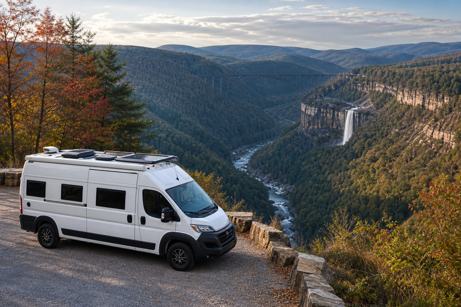Wohnmobil an einem Aussichtspunkt über einem Flusstal mit Brücke und Wasserfall