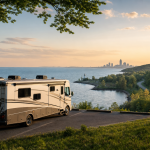 Wohnmobil an einem Aussichtspunkt über einem See mit Stadt-Skyline im Hintergrund