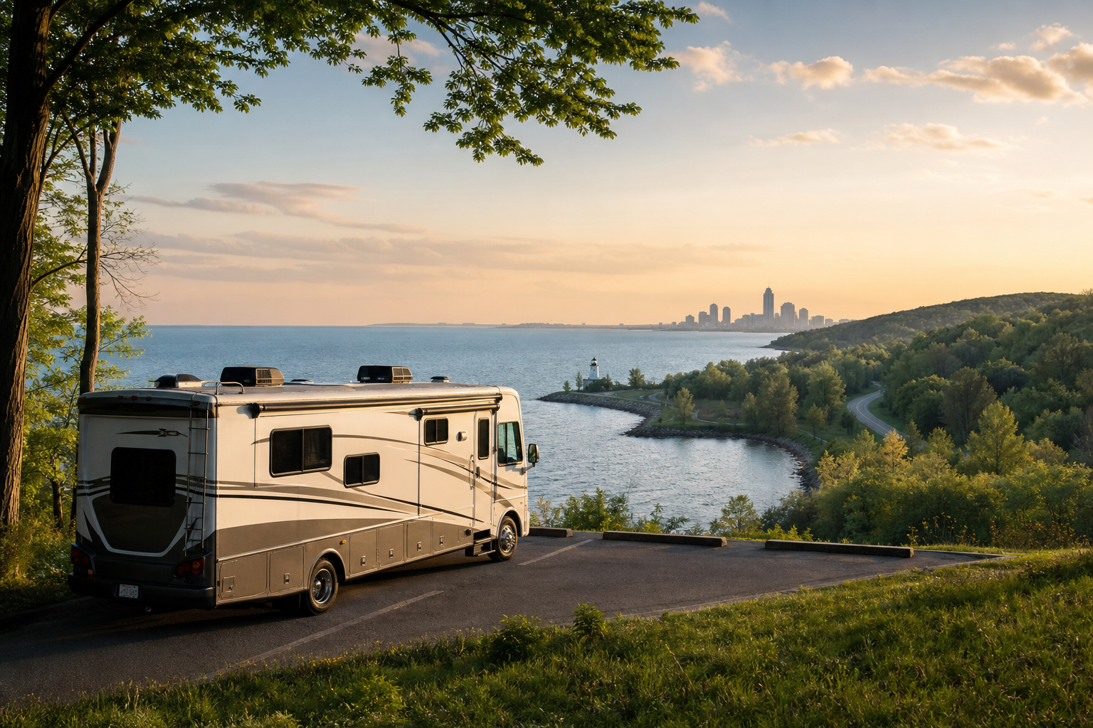 Wohnmobil an einem Aussichtspunkt über einem See mit Stadt-Skyline im Hintergrund