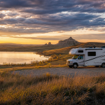 Wohnmobil an einem See bei Sonnenuntergang mit dramatischem Himmel und Felsformationen im Hintergrund