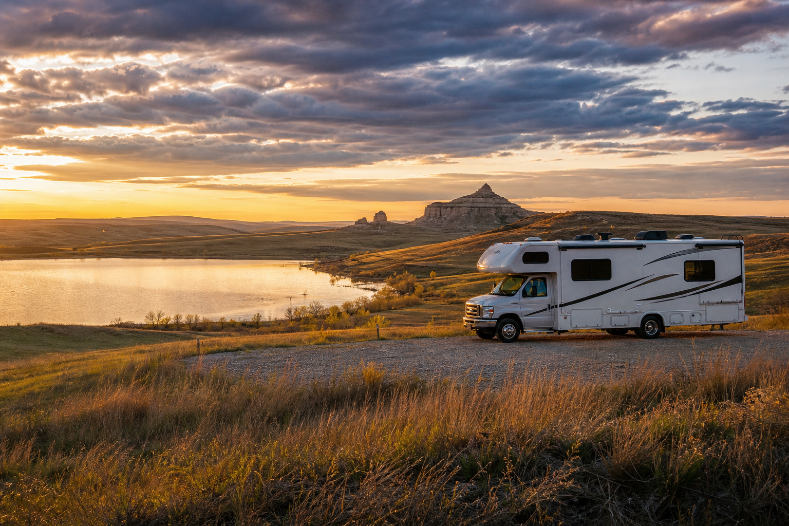 Wohnmobil an einem See bei Sonnenuntergang mit dramatischem Himmel und Felsformationen im Hintergrund