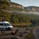 Wohnmobil an einem See mit Lagerfeuer, umgeben von Wald und Bergen entlang einer kurvigen Straße