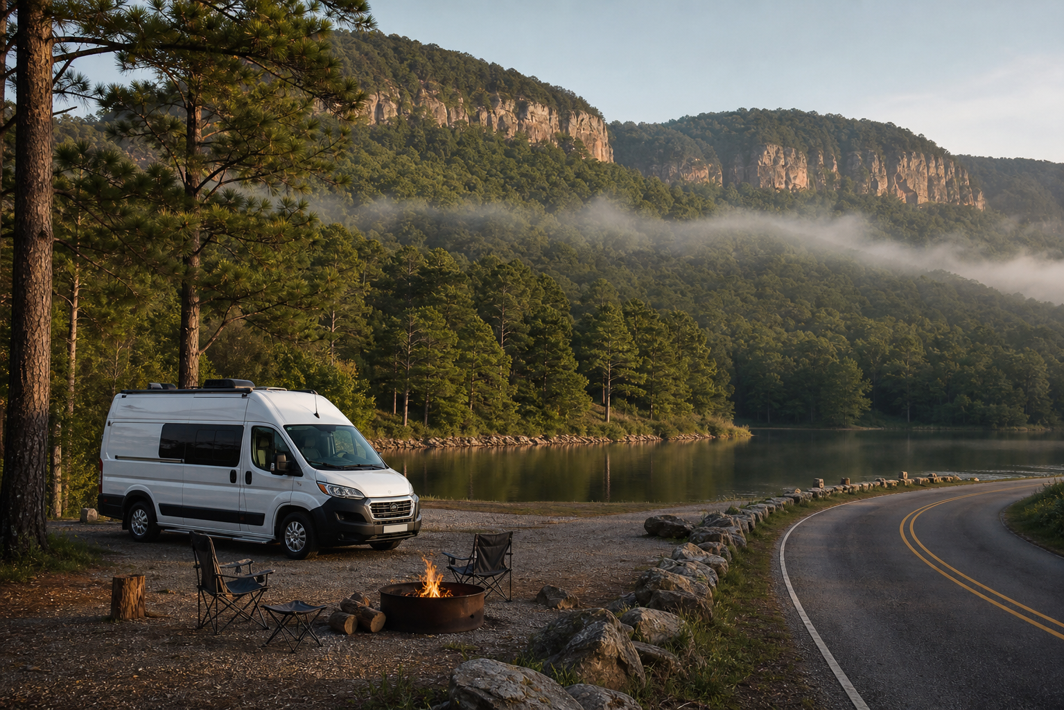 Wohnmobil an einem See mit Lagerfeuer, umgeben von Wald und Bergen entlang einer kurvigen Straße