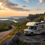 Wohnmobil an einer Aussichtsstelle über einer kurvigen Straße bei Sonnenuntergang, mit Flusslandschaft und Felsen im Hintergrund