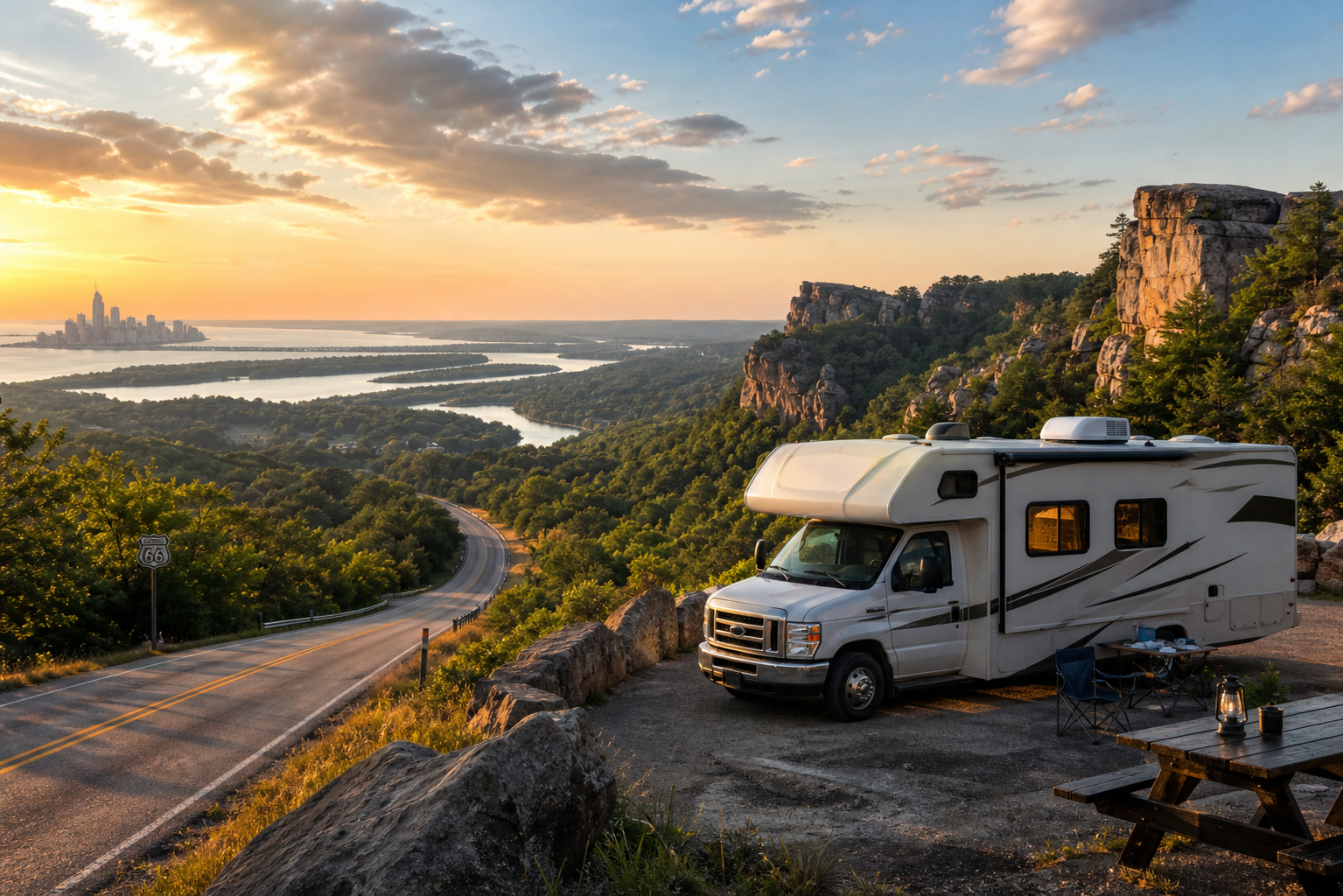 Wohnmobil an einer Aussichtsstelle über einer kurvigen Straße bei Sonnenuntergang, mit Flusslandschaft und Felsen im Hintergrund