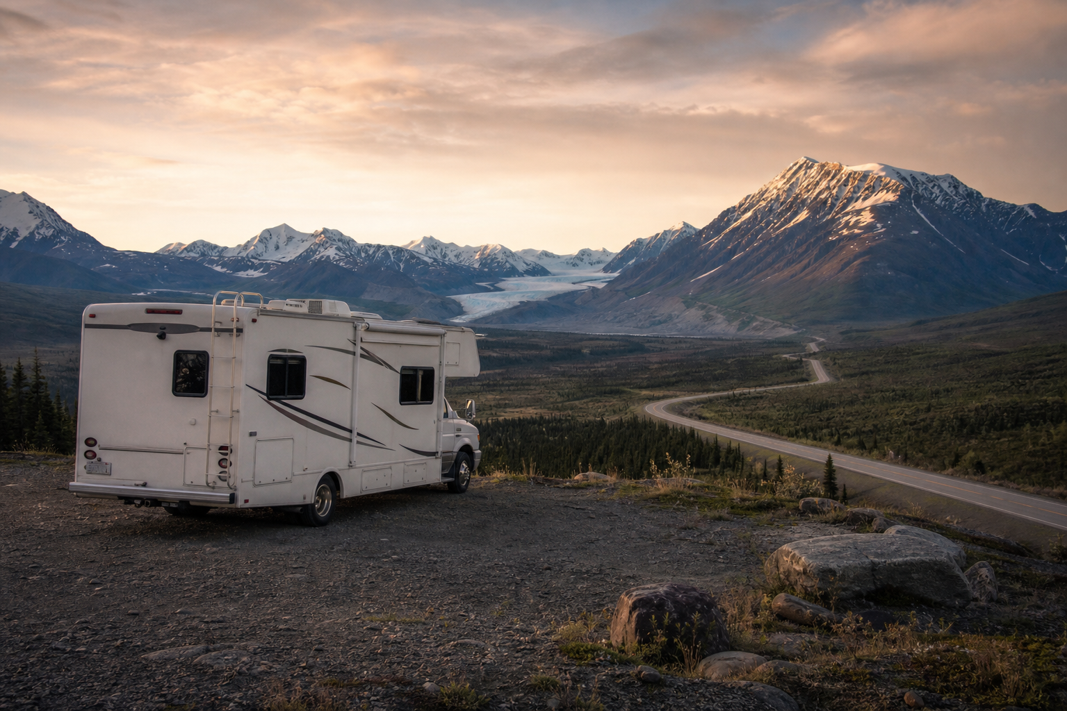 Wohnmobil an einer Bergstraße mit Blick auf schneebedeckte Gipfel und einen Gletscher bei Sonnenuntergang