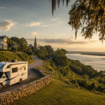 Wohnmobil an einer kurvigen Uferstraße bei Sonnenuntergang mit Blick auf den Fluss