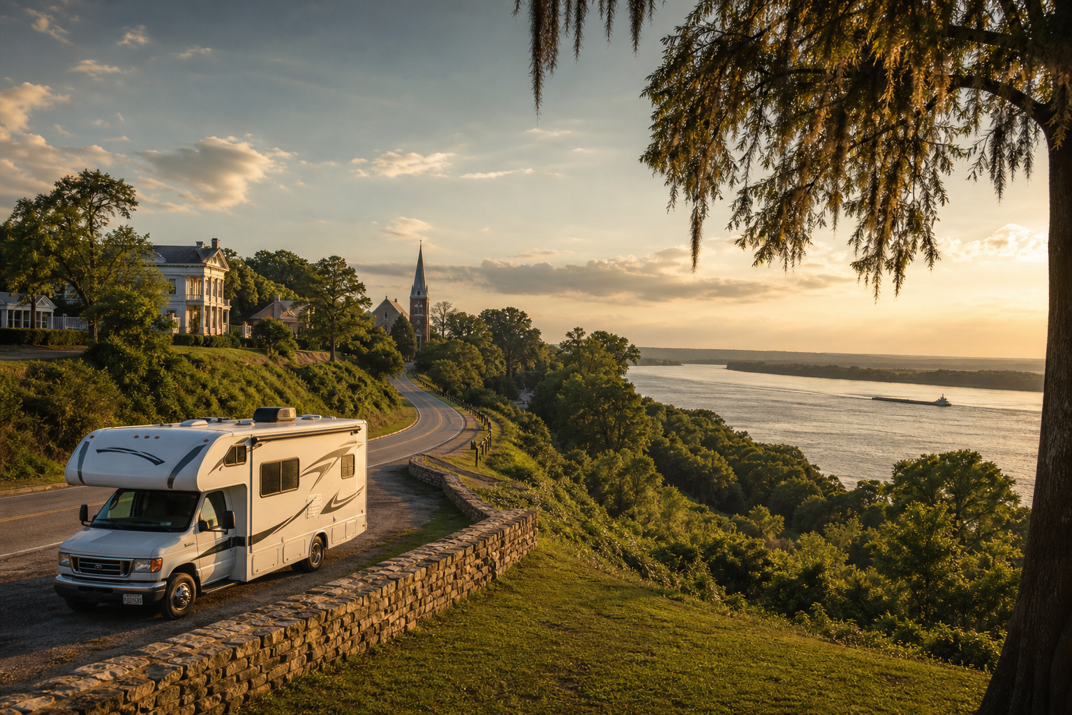 Wohnmobil an einer kurvigen Uferstraße bei Sonnenuntergang mit Blick auf den Fluss