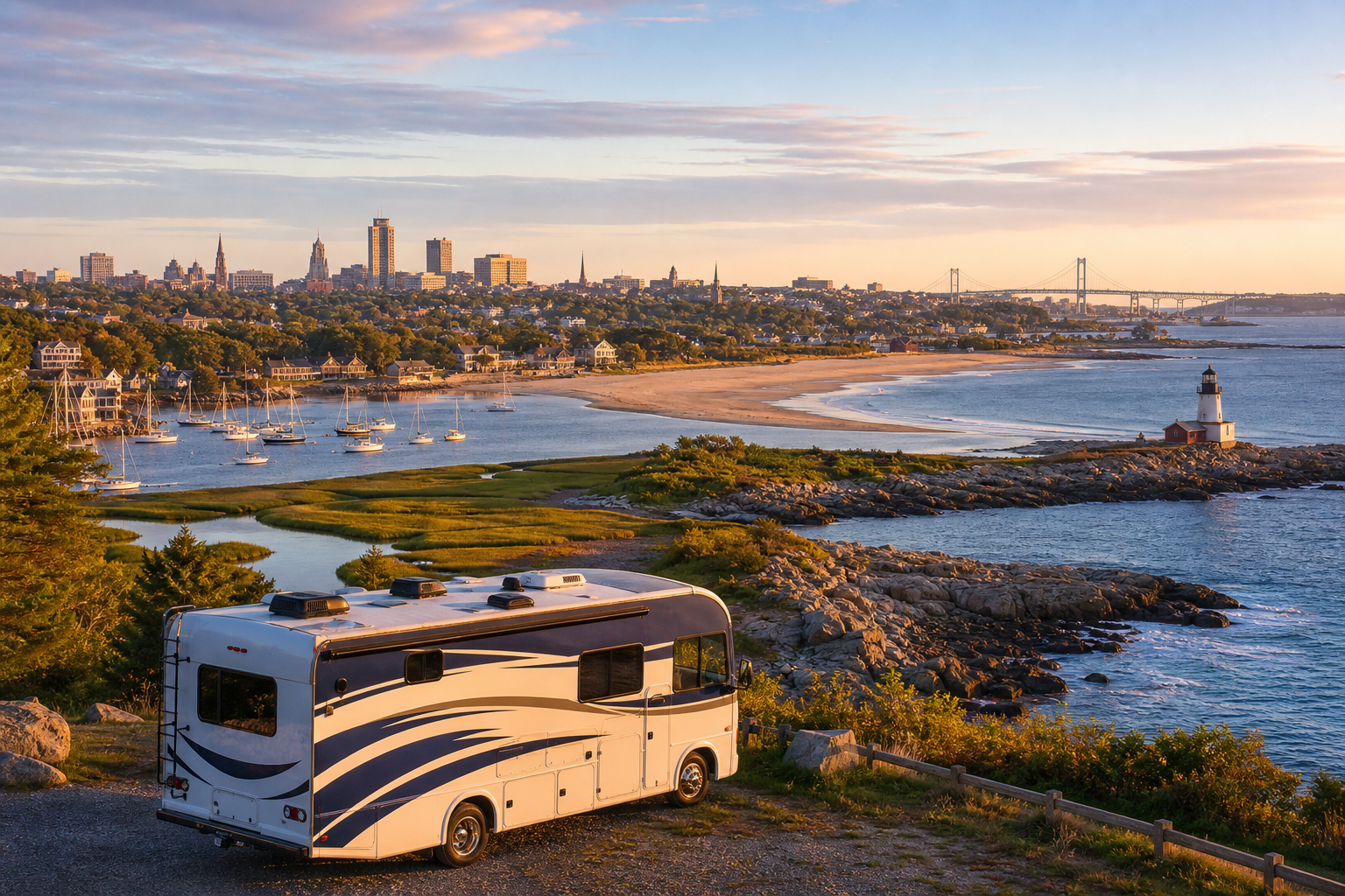 Wohnmobil an einer Küste mit Leuchtturm, Segelbooten und Stadtblick bei Sonnenuntergang
