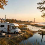 Wohnmobil an einer Küstenstraße bei Sonnenuntergang, mit Leuchtturm und Meer im Hintergrund