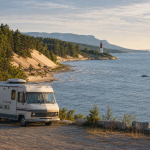 Wohnmobil an einer Küstenstraße mit Blick auf Meer, Leuchtturm und eine Hängebrücke im Hintergrund