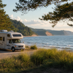 Indiana Roadtrip Wohnmobil an einer Küstenstraße mit Blick auf Meer und bewaldete Klippen