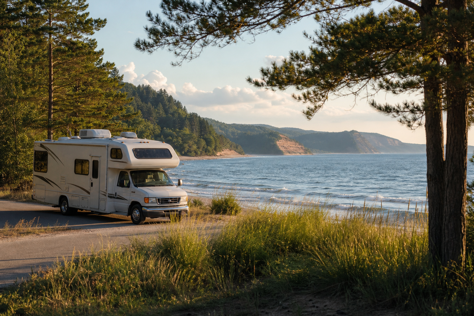 Indiana Roadtrip Wohnmobil an einer Küstenstraße mit Blick auf Meer und bewaldete Klippen