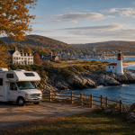 Wohnmobil an einer Küstenstraße mit Leuchtturm, Bucht und herbstlicher Landschaft im Hintergrund