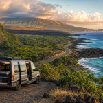 Wohnmobil an einer Küstenstraße mit Wasserfall, Bergen und Meer bei Sonnenuntergang