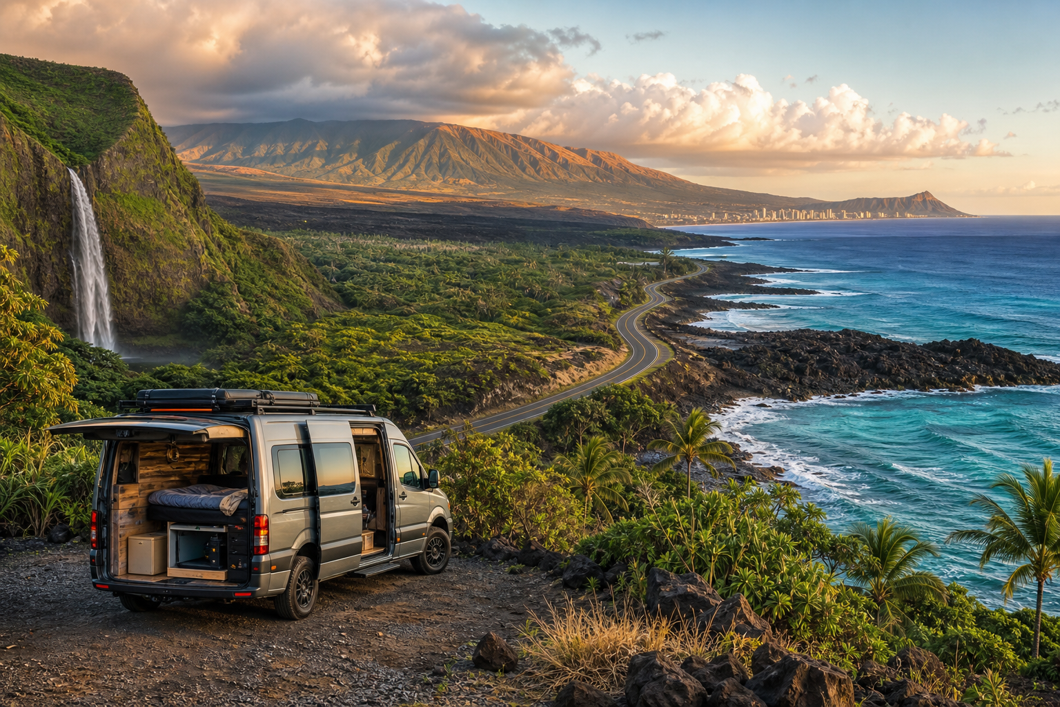 Wohnmobil an einer Küstenstraße mit Wasserfall, Bergen und Meer bei Sonnenuntergang