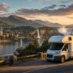 Wohnmobil an einer Panoramastraße mit Blick auf Fluss, Wasserfälle und Berge bei Sonnenuntergang