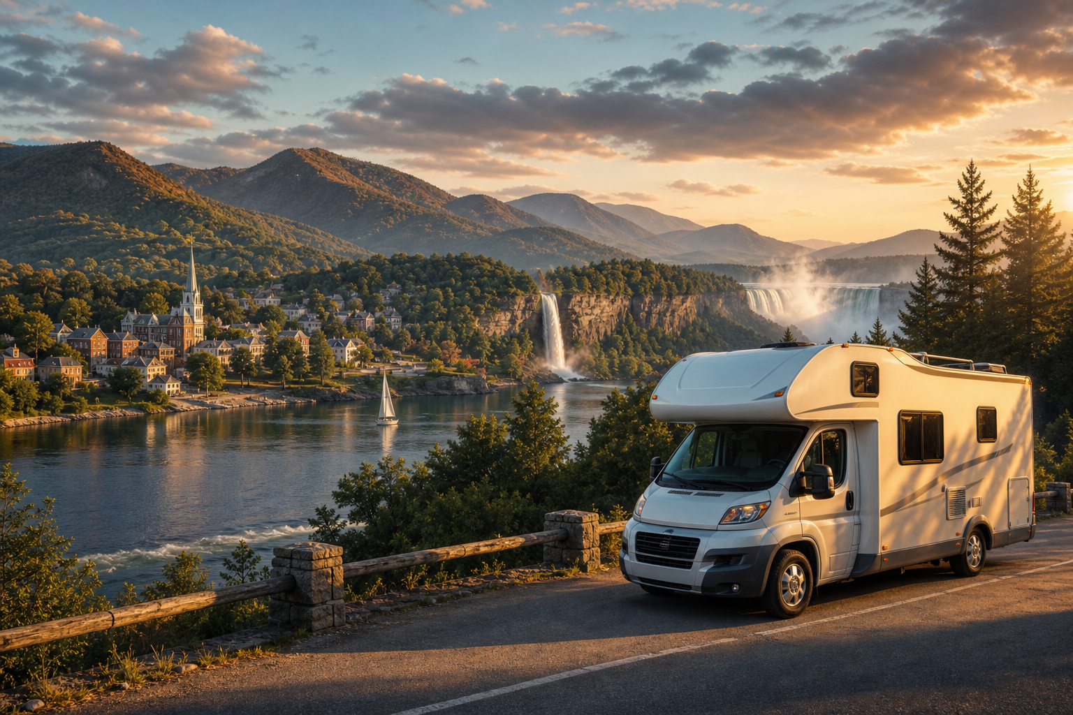 Wohnmobil an einer Panoramastraße mit Blick auf Fluss, Wasserfälle und Berge bei Sonnenuntergang