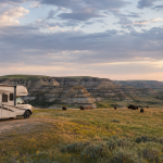 Wohnmobil auf einer Anhöhe mit Blick auf ein Flusstal und grasende Bisons bei Sonnenuntergang