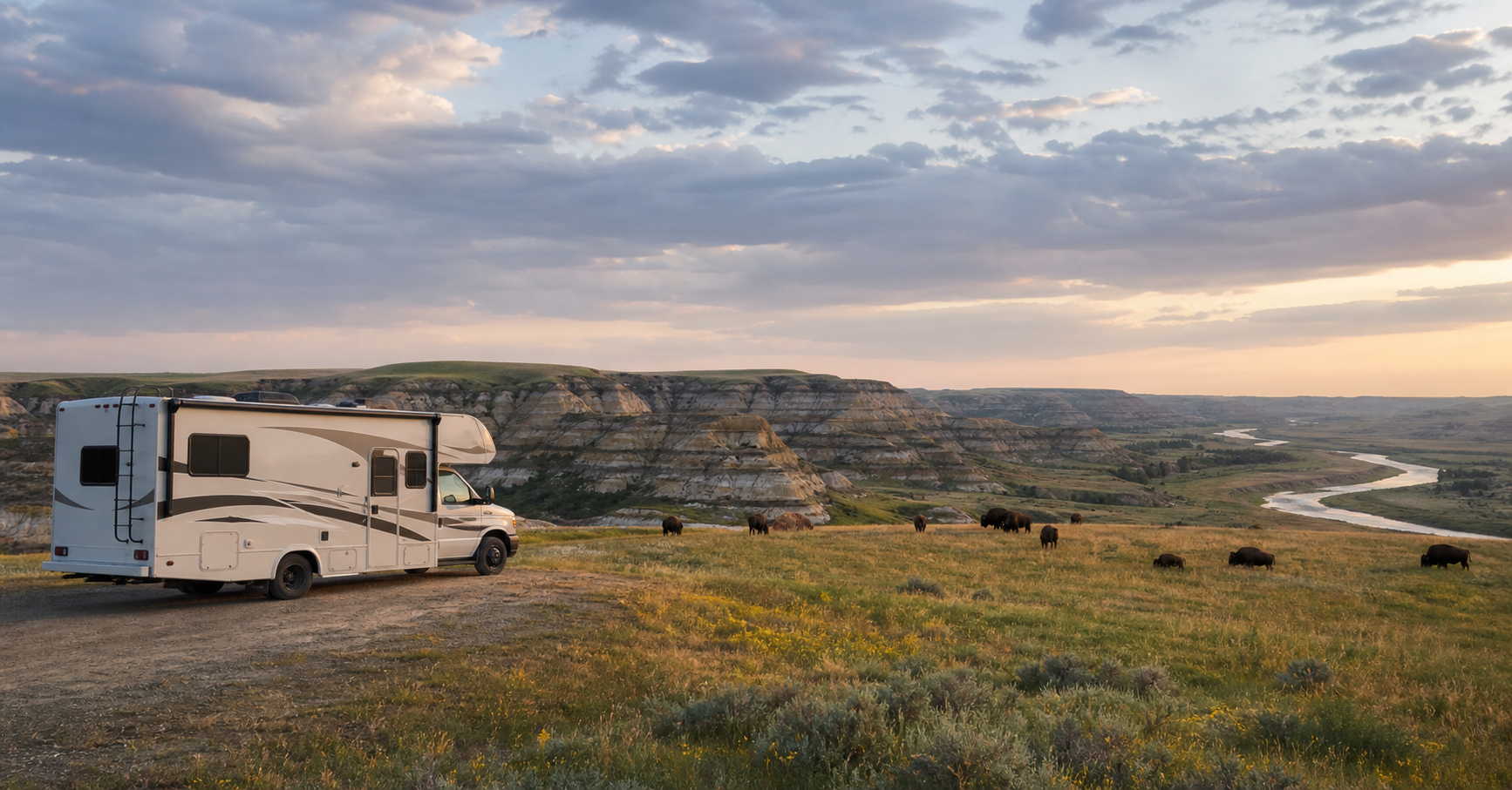 Wohnmobil auf einer Anhöhe mit Blick auf ein Flusstal und grasende Bisons bei Sonnenuntergang