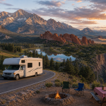 Wohnmobil auf einer Bergstraße bei Sonnenuntergang mit Zeltplatz, Lagerfeuer und Felsformationen im Hintergrund