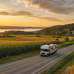 Wohnmobil auf einer kurvigen Landstraße bei Sonnenuntergang, mit Feldern und See im Hintergrund