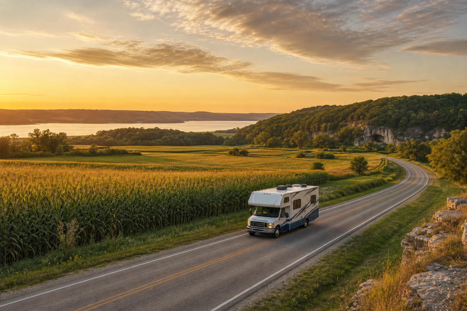 Wohnmobil auf einer kurvigen Landstraße bei Sonnenuntergang, mit Feldern und See im Hintergrund